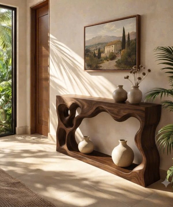 Alternative view of Luxali Handmade Wooden Console Table — a modern farmhouse masterpiece, meticulously handcrafted from solid natural Monkey Pod wood, showcasing refined artistry and designed to elevate any living room.