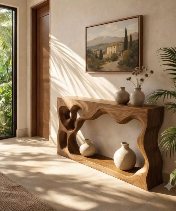 Luxali Handmade Wooden Console Table — a modern farmhouse masterpiece, meticulously handcrafted from solid natural Monkey Pod wood, showcasing refined artistry and designed to elevate any living room.