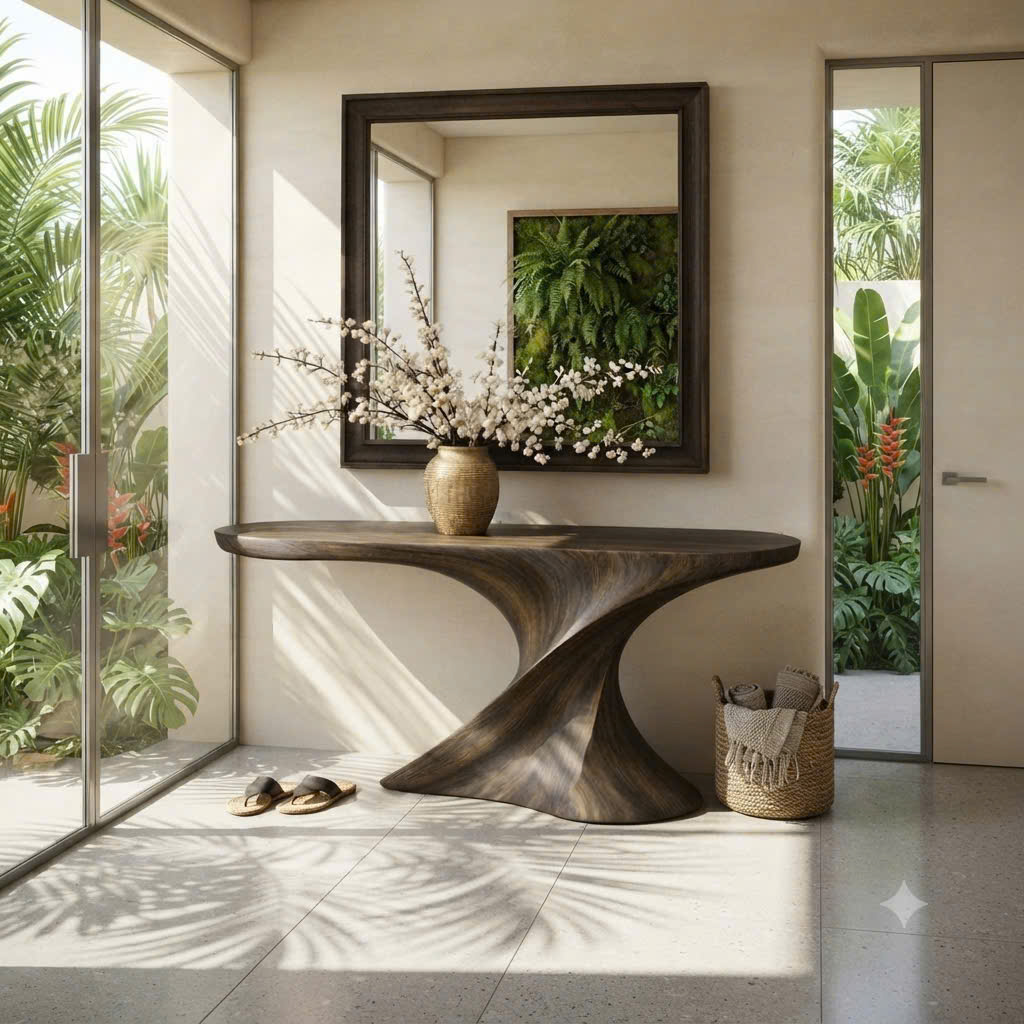 Luxali Handmade Wooden Console Table — a modern farmhouse masterpiece, meticulously handcrafted from solid natural Monkey Pod wood, showcasing refined artistry and designed to elevate any living room.