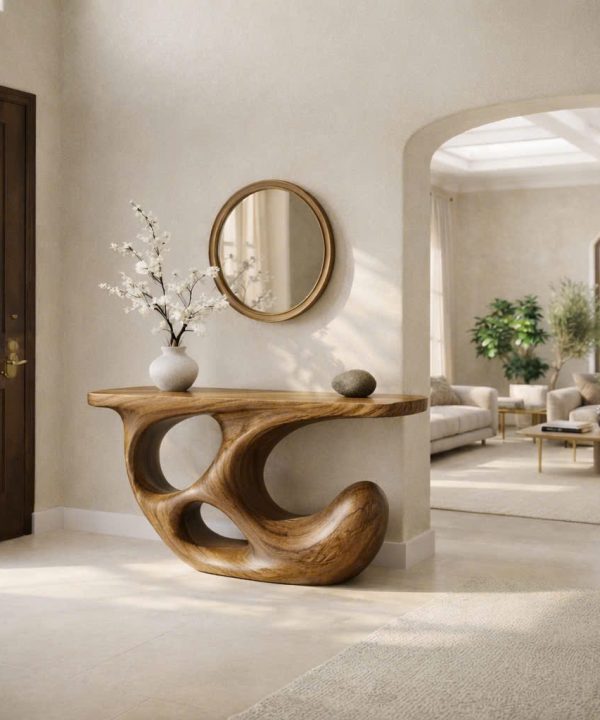 Alternative view of Luxali Handmade Wooden Console Table — a modern farmhouse masterpiece, meticulously handcrafted from solid natural Monkey Pod wood, showcasing refined artistry and designed to elevate any living room.
