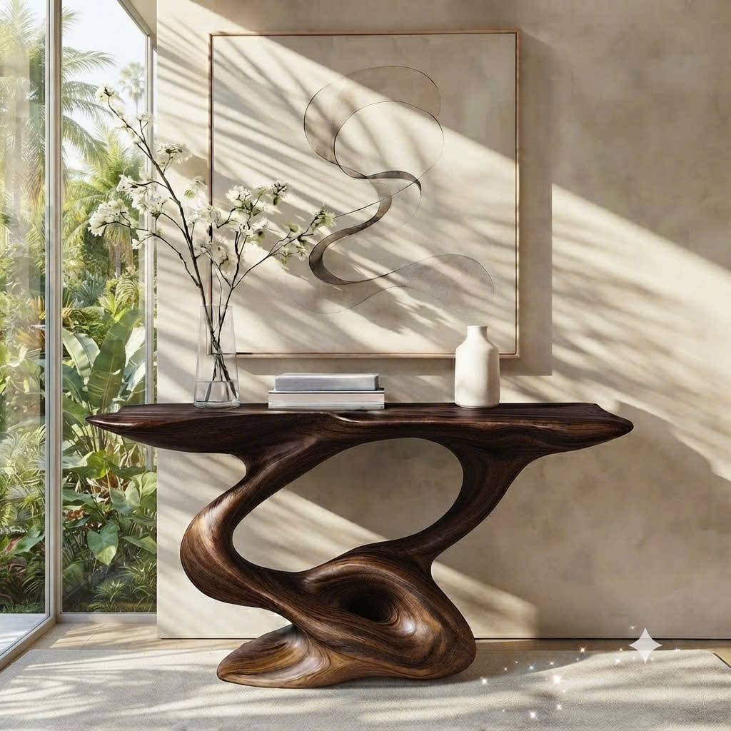 Luxali Handmade Wooden Console Table — a modern farmhouse masterpiece, meticulously handcrafted from solid natural Monkey Pod wood, showcasing refined artistry and designed to elevate any living room.