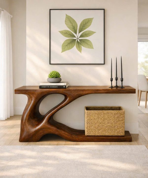 Luxali Handmade Wooden Console Table — a modern farmhouse masterpiece, meticulously handcrafted from solid natural Monkey Pod wood, showcasing refined artistry and designed to elevate any living room.