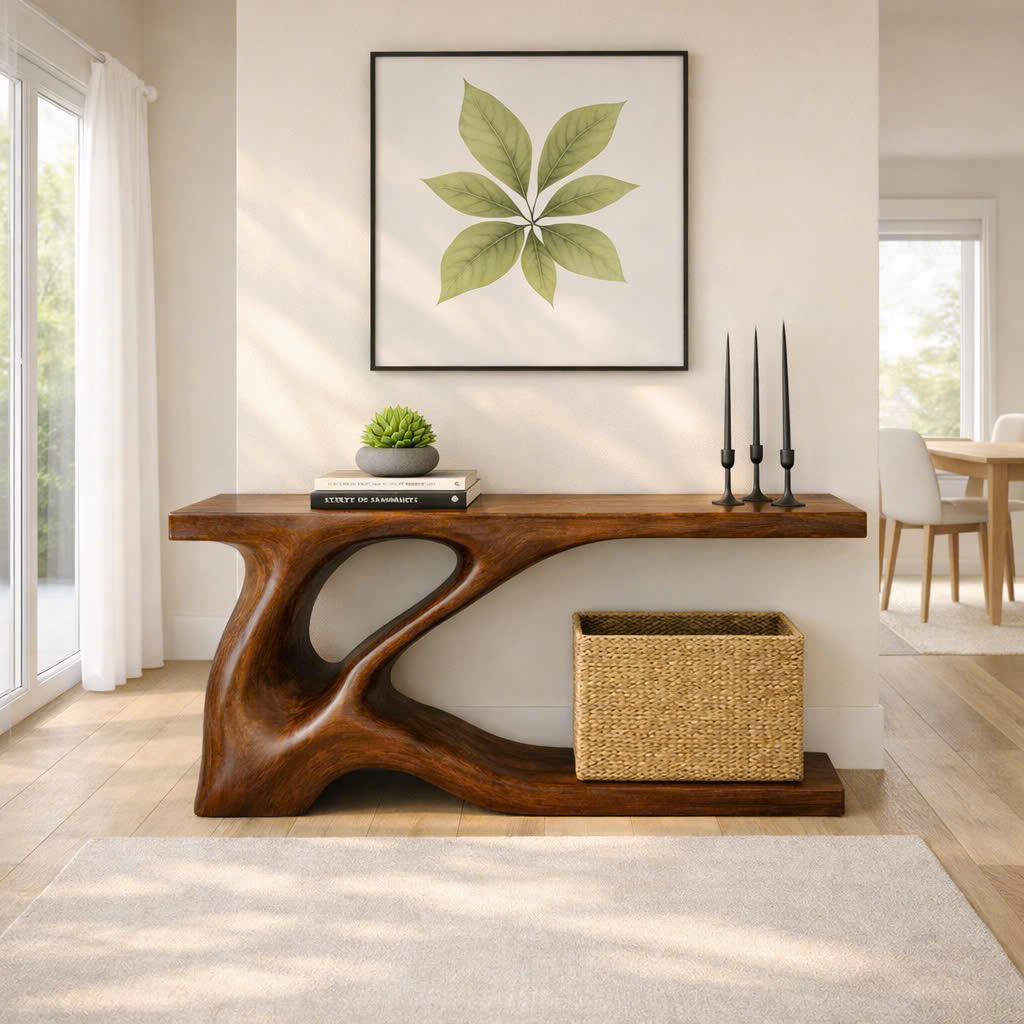 Luxali Handmade Wooden Console Table — a modern farmhouse masterpiece, meticulously handcrafted from solid natural Monkey Pod wood, showcasing refined artistry and designed to elevate any living room.