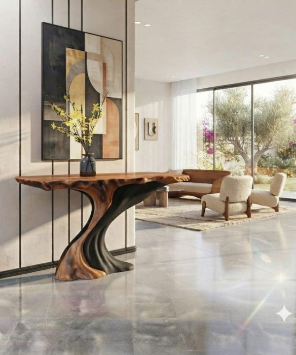 Luxali Handmade Wooden Console Table — a modern farmhouse masterpiece, meticulously handcrafted from solid natural Monkey Pod wood, showcasing refined artistry and designed to elevate any living room.