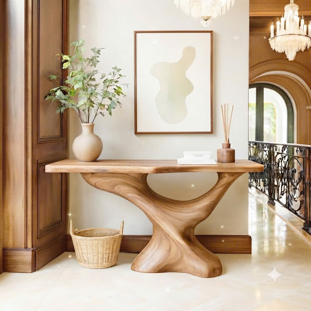 Luxali Handmade Wooden Console Table — a modern farmhouse masterpiece, meticulously handcrafted from solid natural Monkey Pod wood, showcasing refined artistry and designed to elevate any living room.