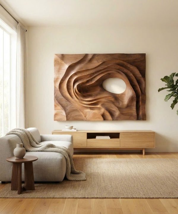 Hand Carved Wall Art Farmhouse 3D Wood Wall Art, Minimalist Organic Wall Art Panel For Living Room