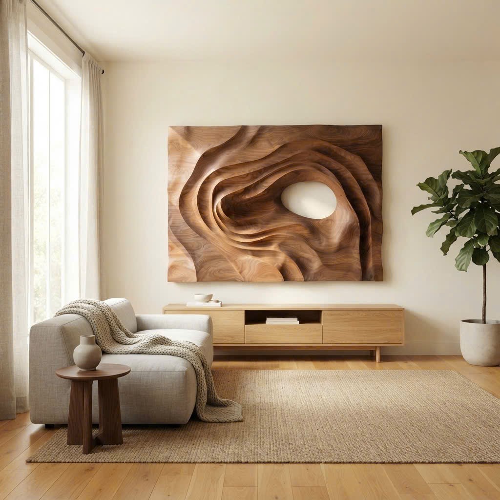 Hand Carved Wall Art Farmhouse 3D Wood Wall Art, Minimalist Organic Wall Art Panel For Living Room