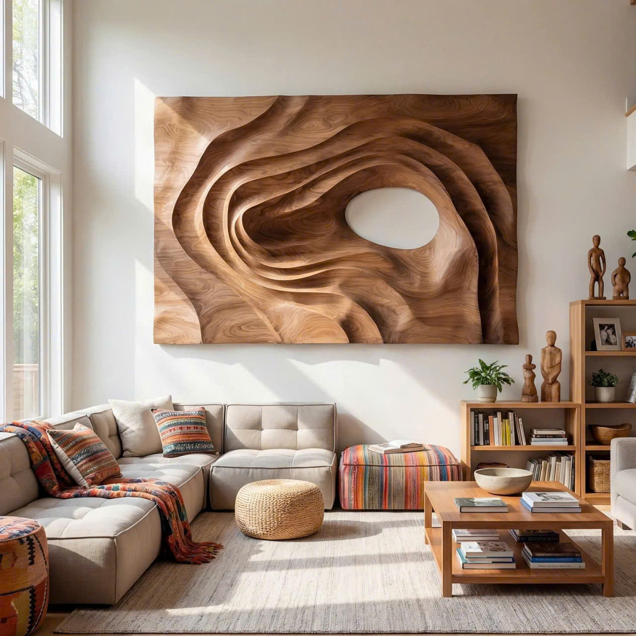Hand Carved Wall Art Farmhouse 3D Wood Wall Art, Minimalist Organic Wall Art Panel For Living Room - Image 2