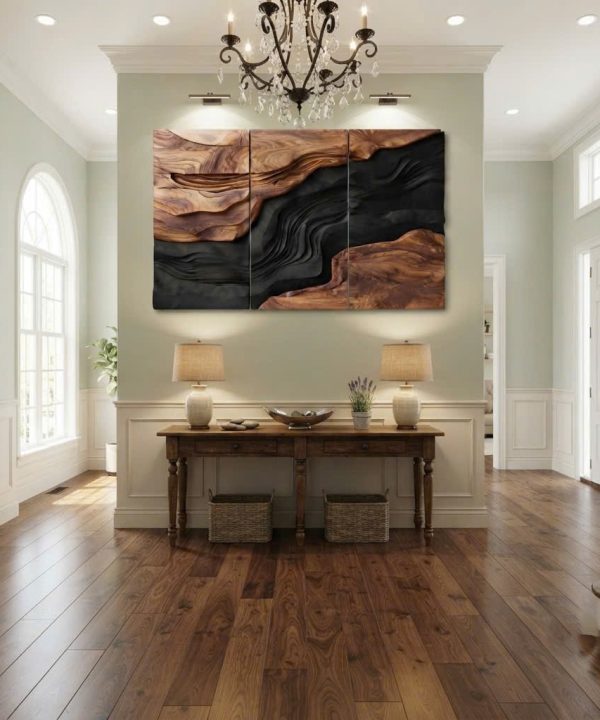 Contemporary Sculptural Wave Wall Art, Hand Carved Wall Art Farmhouse 3D Wood Wall Art For Living Room