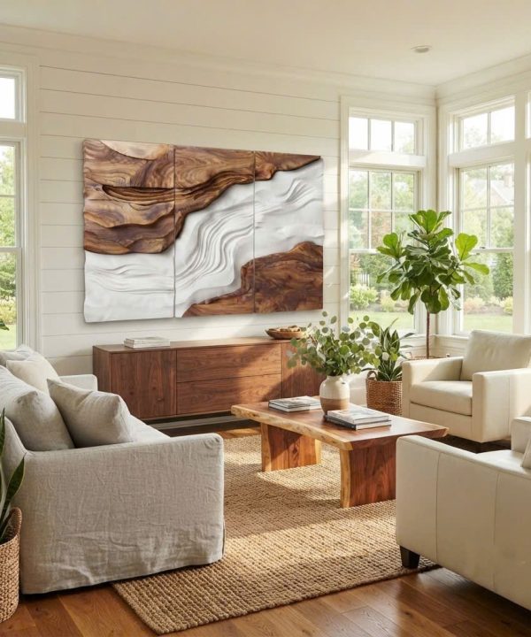 Contemporary Sculptural Wave Wall Art, Hand Carved Wall Art Farmhouse 3D Wood Wall Art For Living Room