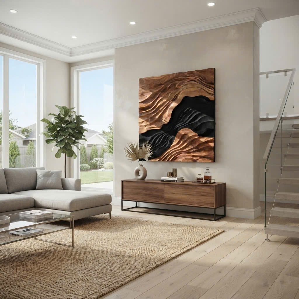 Contemporary Sculptural Wave Wall Art, Hand Carved Wall Art Farmhouse 3D Wood Wall Art For Living Room - Image 3