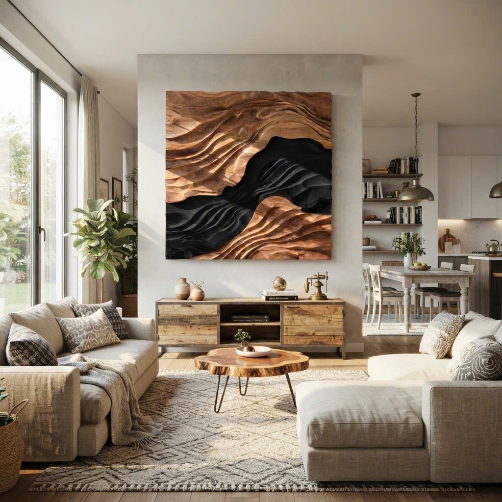 Contemporary Sculptural Wave Wall Art, Hand Carved Wall Art Farmhouse 3D Wood Wall Art For Living Room