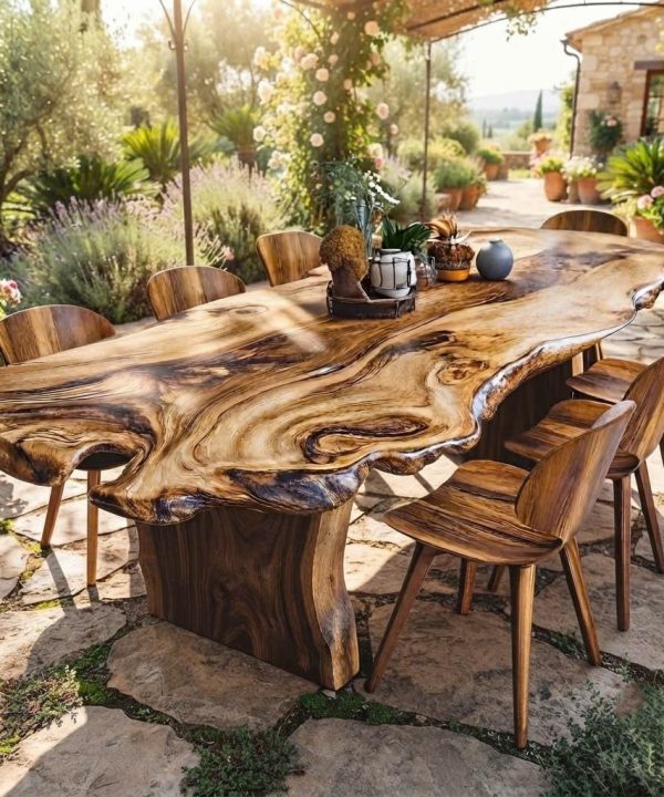 Luxurious and uniquely crafted wooden dining table ( chairs not included) designed to create a warm and inviting atmosphere.