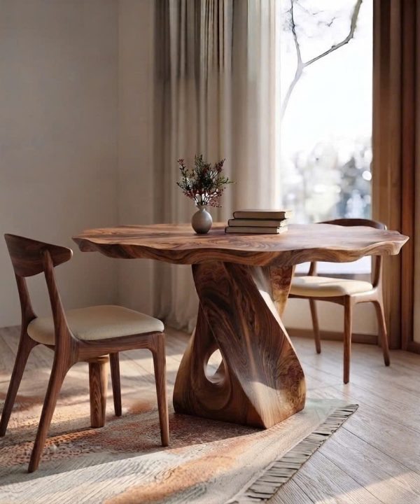 Luxurious and uniquely crafted wooden dining table ( chairs not included) designed to create a warm and inviting atmosphere.