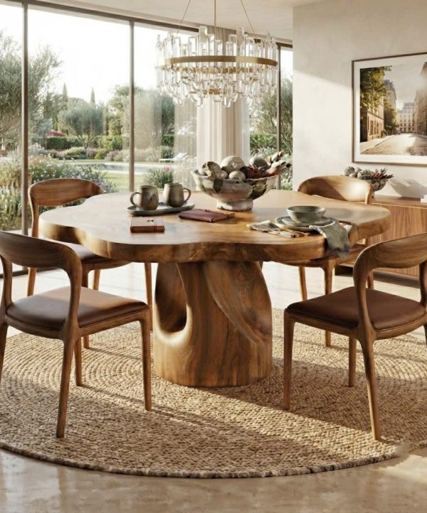 Luxurious and uniquely crafted wooden dining table ( chairs not included) designed to create a warm and inviting atmosphere.