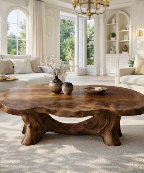 Luxali Eco-Friendly Solid Wood Modern Coffee Table with Sculptural Design for Living Room Home Decor Model C012