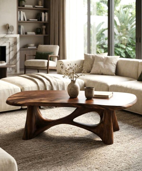 Luxali Eco-Friendly Solid Wood Modern Coffee Table with Sculptural Design for Living Room Home Decor Model C012