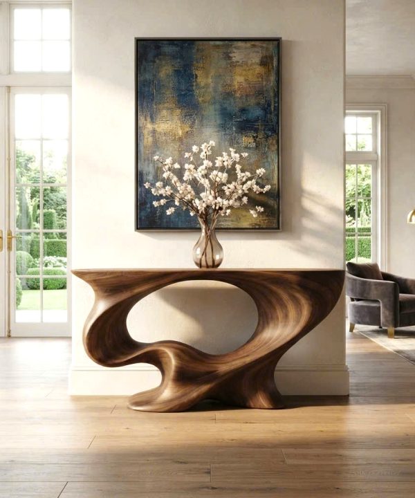 Luxali Handmade Wooden Console Table — a modern farmhouse masterpiece, meticulously handcrafted from solid natural Monkey Pod wood, showcasing refined artistry and designed to elevate any living room.
