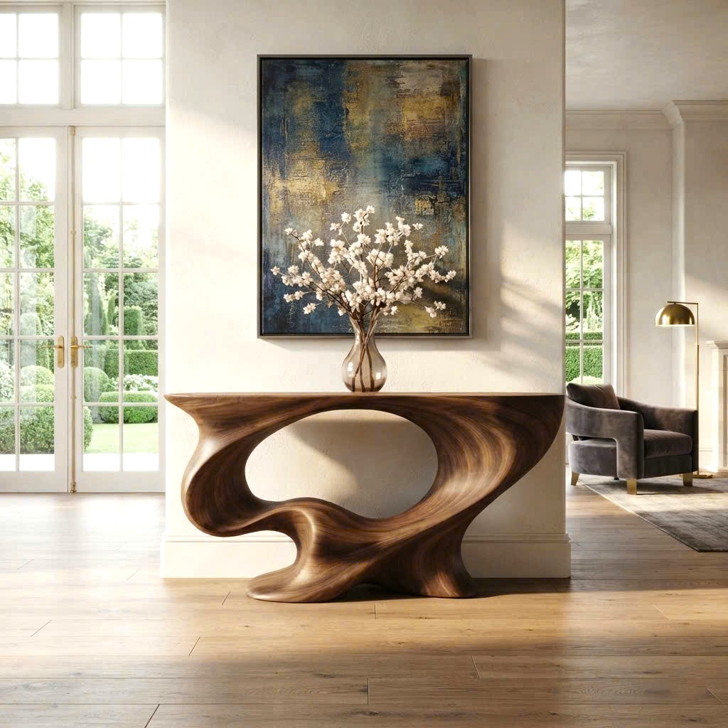 Luxali Handmade Wooden Console Table — a modern farmhouse masterpiece, meticulously handcrafted from solid natural Monkey Pod wood, showcasing refined artistry and designed to elevate any living room.