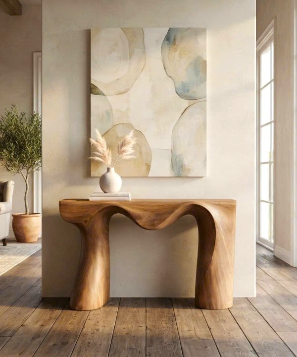 Luxali Handmade Wooden Console Table — a modern farmhouse masterpiece, meticulously handcrafted from solid natural Monkey Pod wood, showcasing refined artistry and designed to elevate any living room.