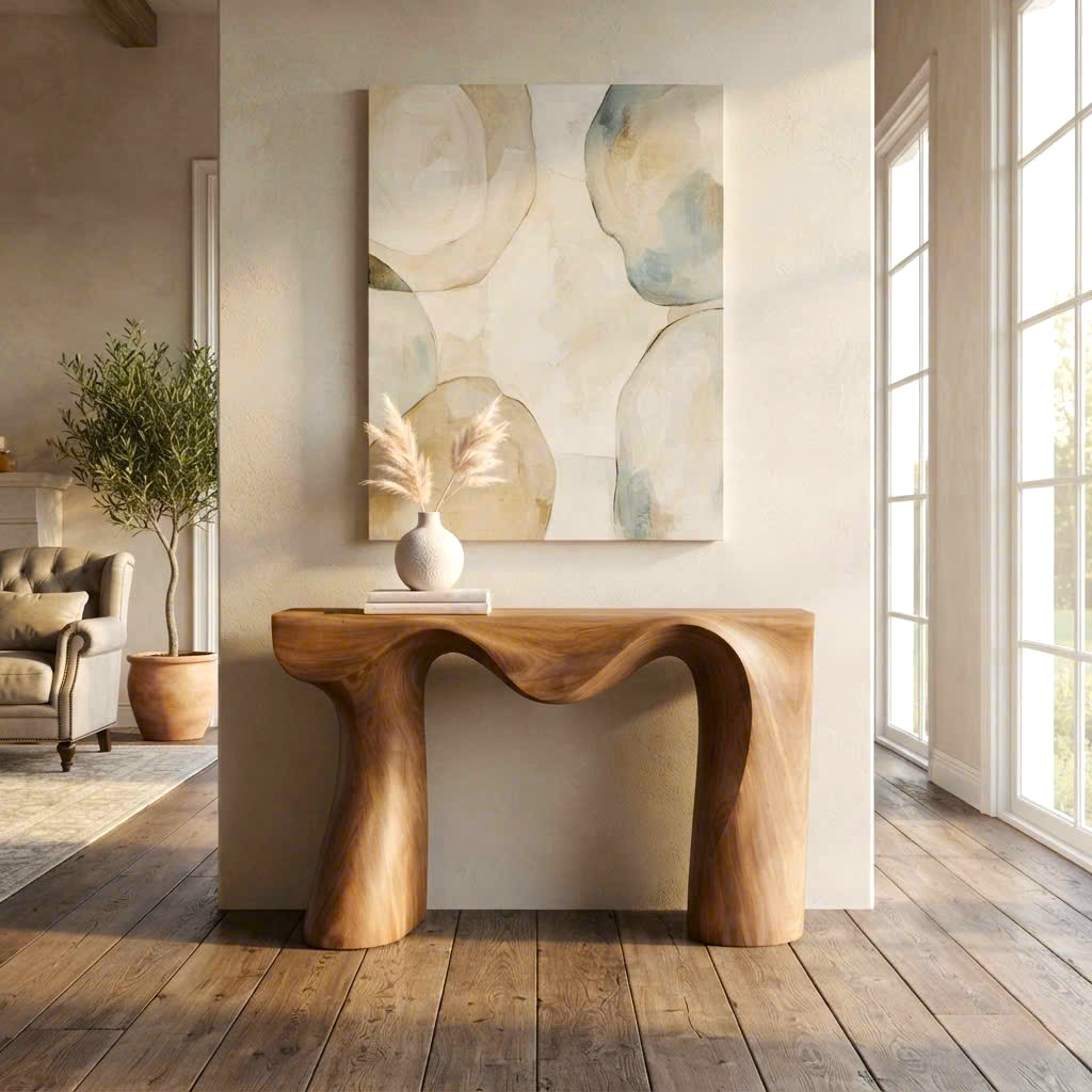 Luxali Handmade Wooden Console Table — a modern farmhouse masterpiece, meticulously handcrafted from solid natural Monkey Pod wood, showcasing refined artistry and designed to elevate any living room.