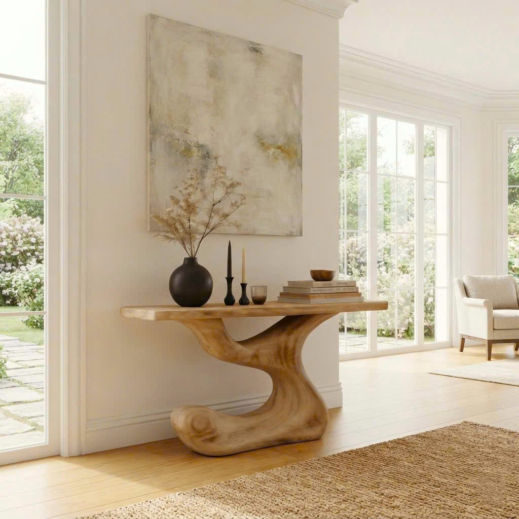 Luxali Handmade Wooden Console Table — a modern farmhouse masterpiece, meticulously handcrafted from solid natural Monkey Pod wood, showcasing refined artistry and designed to elevate any living room