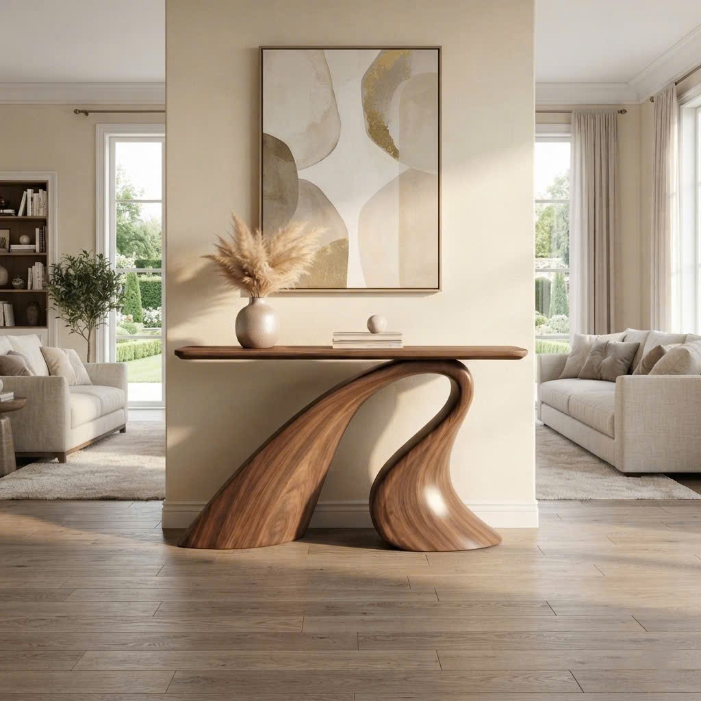 Luxali Handmade Wooden Console Table — a modern farmhouse masterpiece, meticulously handcrafted from solid natural Monkey Pod wood, showcasing refined artistry and designed to elevate any living room