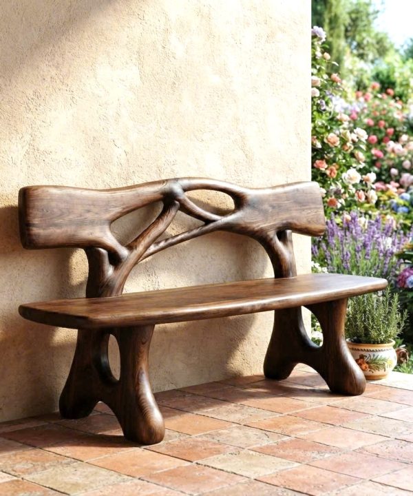 Modern Solid Wood Bench Curved Backrest Eco-Friendly Durable Outdoor Furniture Entryway Living Room Entrance Hall