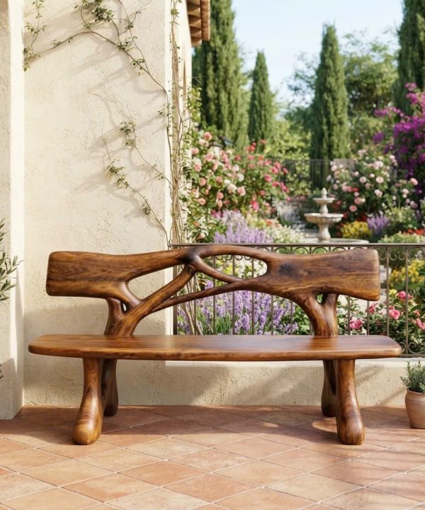 Alternative view of Modern Solid Wood Bench Curved Backrest Eco-Friendly Durable Outdoor Furniture Entryway Living Room Entrance Hall