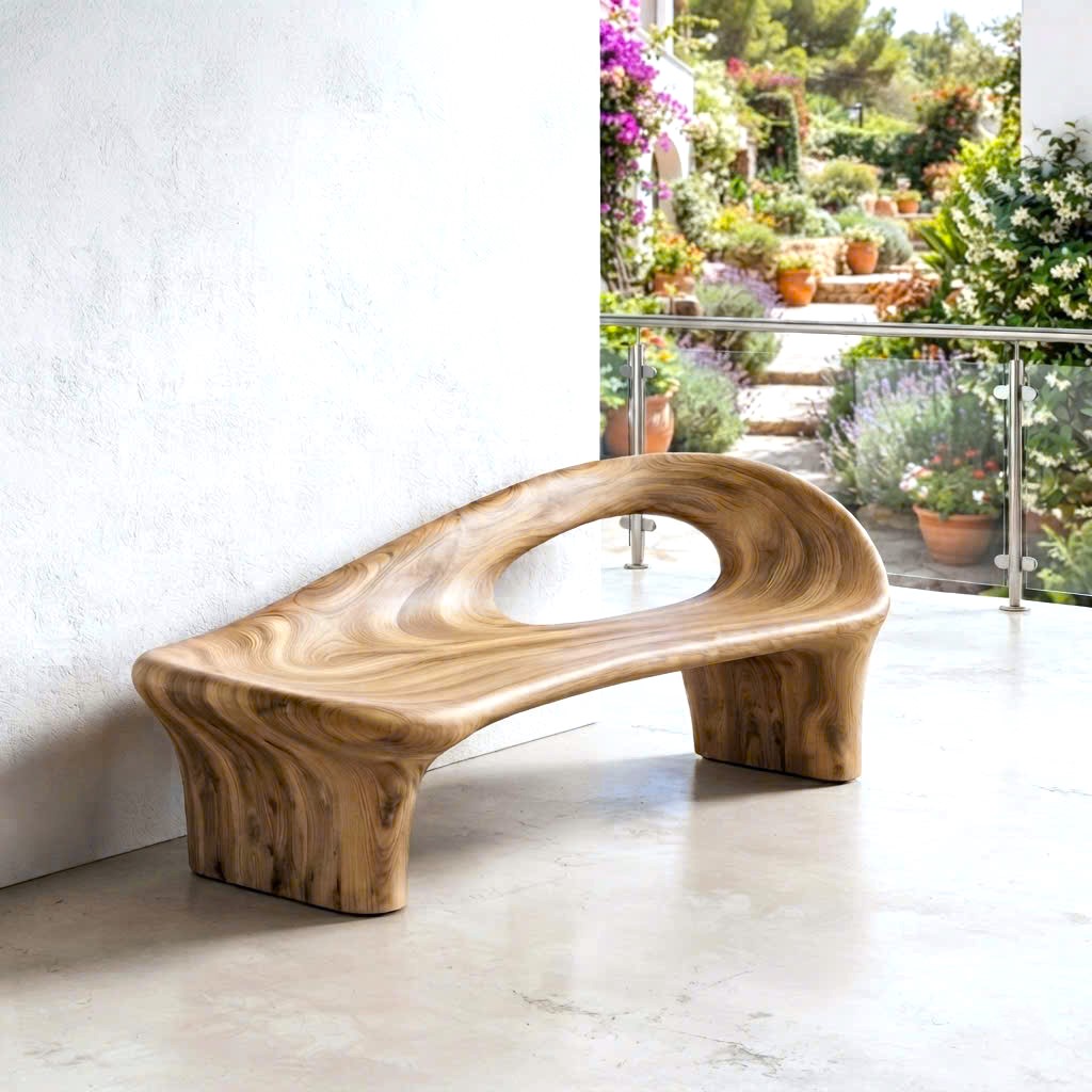 Modern Solid Wood Bench Curved Backrest Eco-Friendly Durable Outdoor Furniture Entryway Living Room Entrance Hall - Image 3