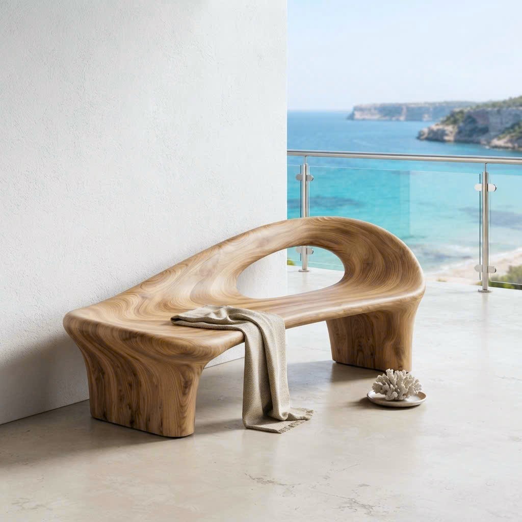 Modern Solid Wood Bench Curved Backrest Eco-Friendly Durable Outdoor Furniture Entryway Living Room Entrance Hall