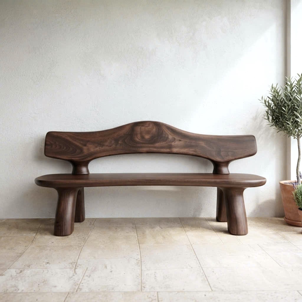 Modern Solid Wood Bench Curved Backrest Eco-Friendly Durable Outdoor Furniture Entryway Living Room Entrance Hall
