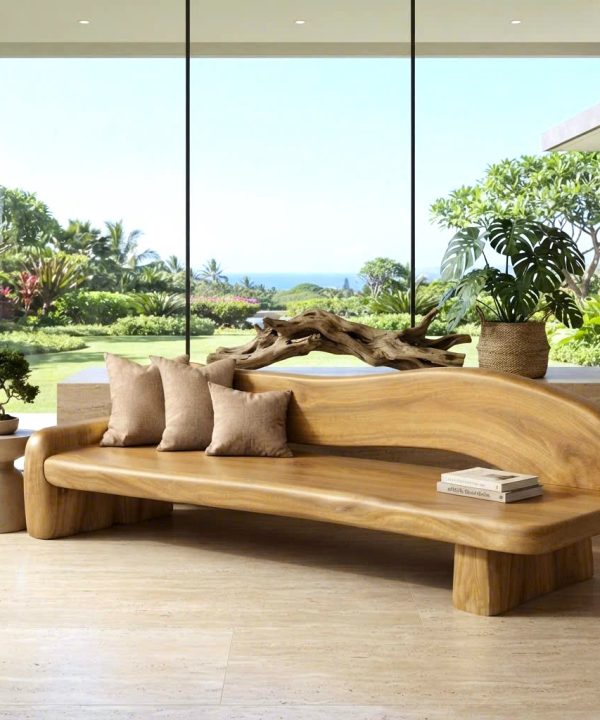 Alternative view of Modern Solid Wood Bench Curved Backrest Eco-Friendly Durable Outdoor Furniture Entryway Living Room Entrance Hall