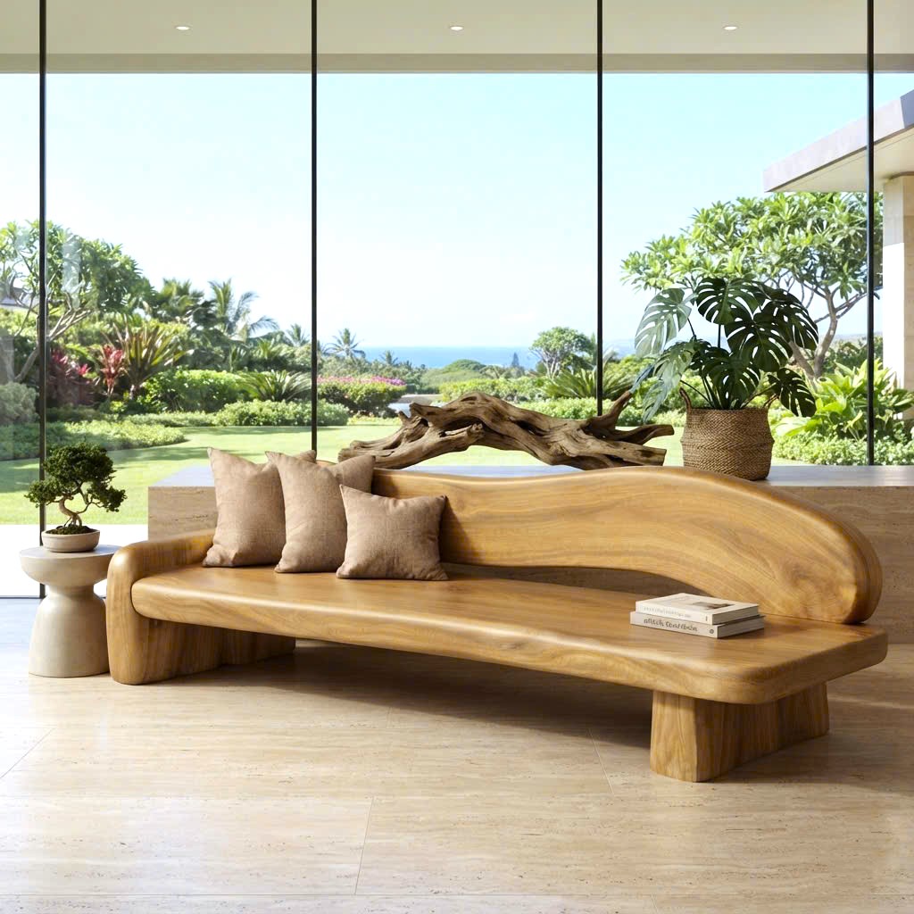 Modern Solid Wood Bench Curved Backrest Eco-Friendly Durable Outdoor Furniture Entryway Living Room Entrance Hall - Image 2