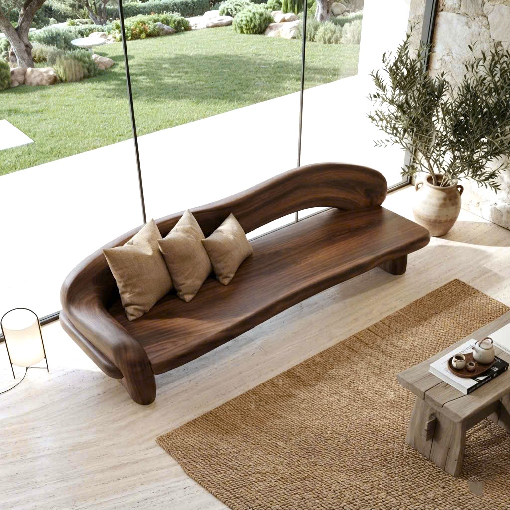 Modern Solid Wood Bench Curved Backrest Eco-Friendly Durable Outdoor Furniture Entryway Living Room Entrance Hall - Image 4