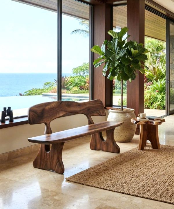 Alternative view of Modern Solid Wood Bench Curved Backrest Eco-Friendly Durable Outdoor Furniture Entryway Living Room Entrance Hall