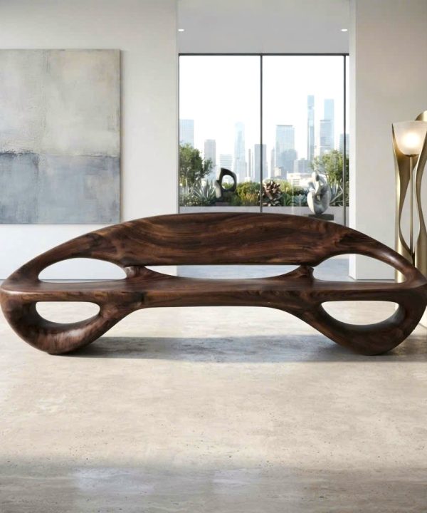 Alternative view of Modern Solid Wood Bench Curved Backrest Eco-Friendly Durable Outdoor Furniture Entryway Living Room Entrance Hall