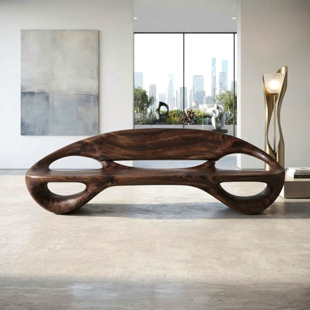 Modern Solid Wood Bench Curved Backrest Eco-Friendly Durable Outdoor Furniture Entryway Living Room Entrance Hall - Image 2