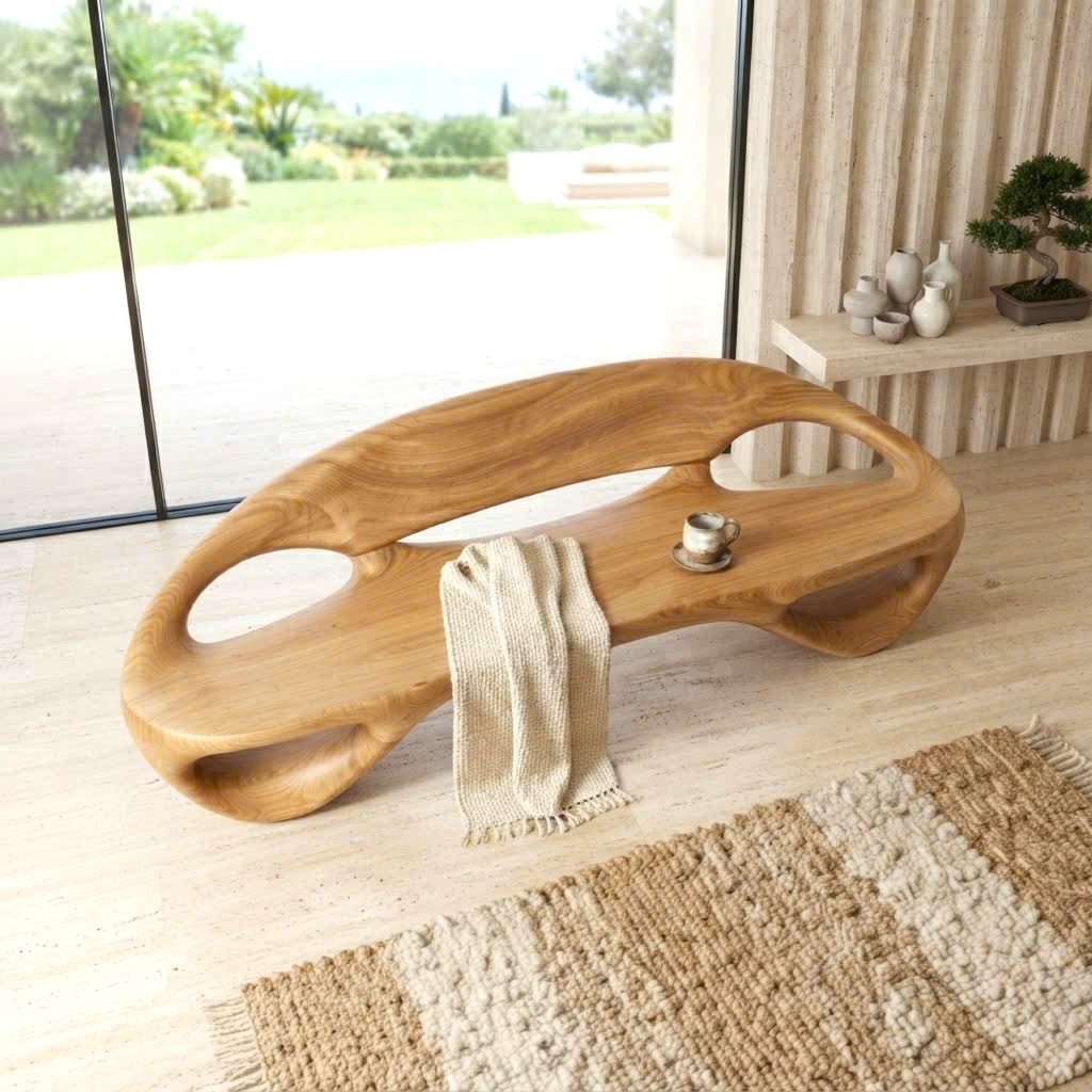 Modern Solid Wood Bench Curved Backrest Eco-Friendly Durable Outdoor Furniture Entryway Living Room Entrance Hall - Image 3