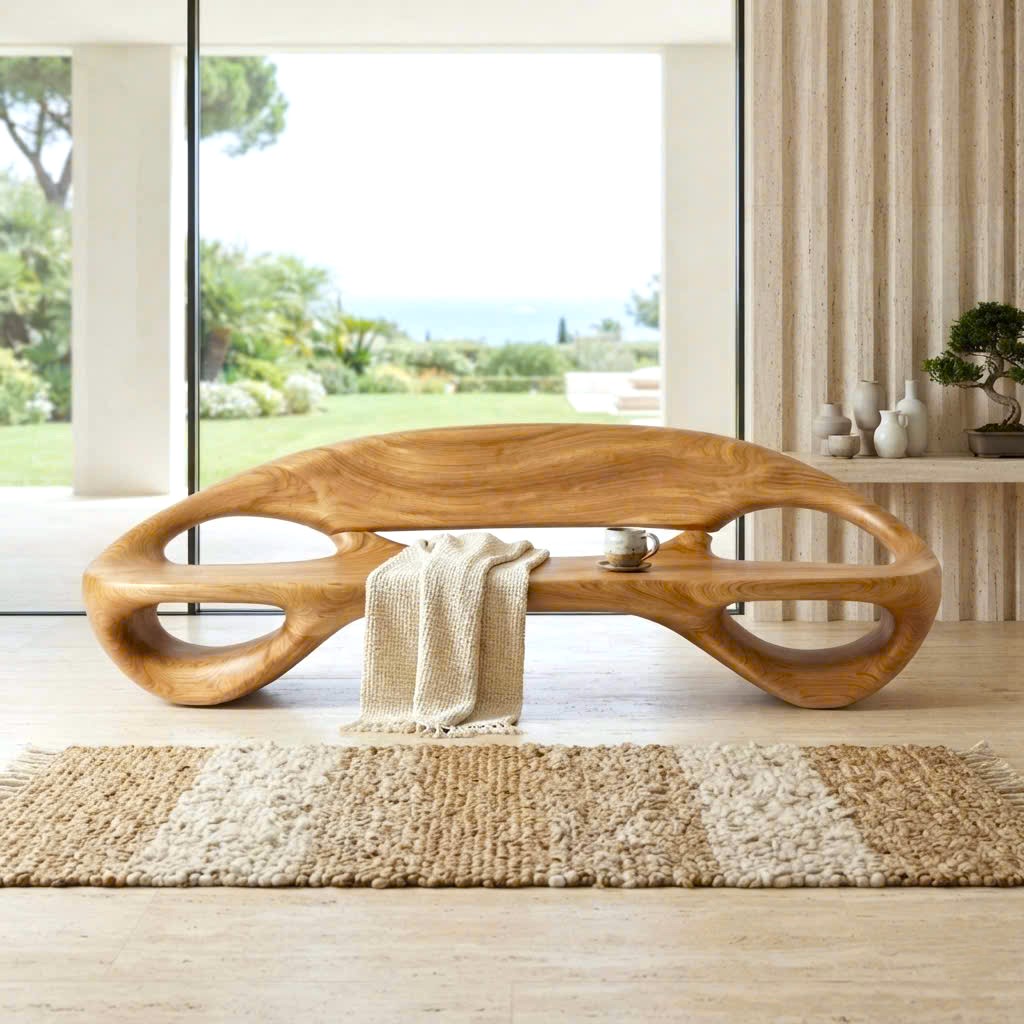 Modern Solid Wood Bench Curved Backrest Eco-Friendly Durable Outdoor Furniture Entryway Living Room Entrance Hall - Image 6