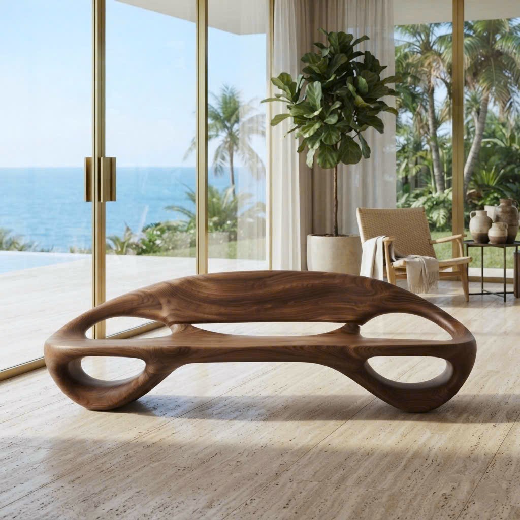 Modern Solid Wood Bench Curved Backrest Eco-Friendly Durable Outdoor Furniture Entryway Living Room Entrance Hall - Image 4