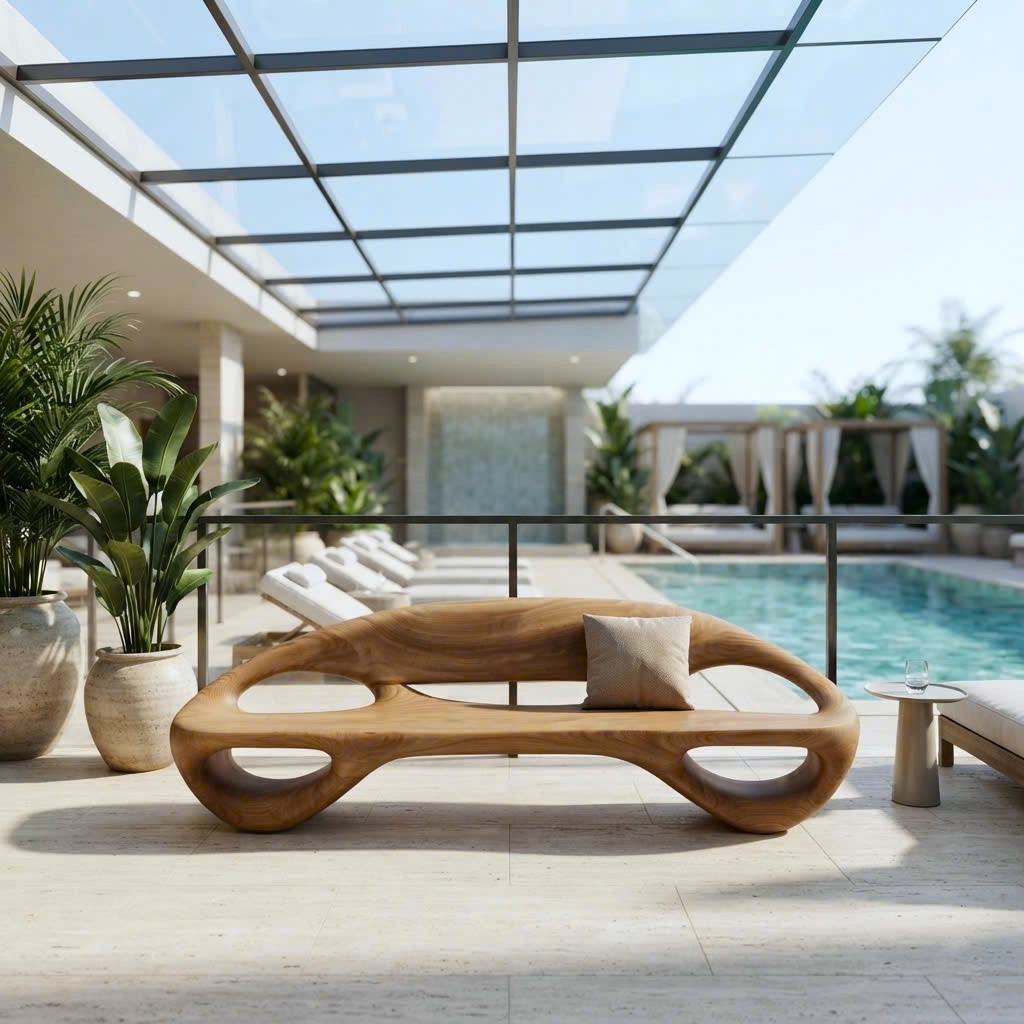 Modern Solid Wood Bench Curved Backrest Eco-Friendly Durable Outdoor Furniture Entryway Living Room Entrance Hall - Image 7