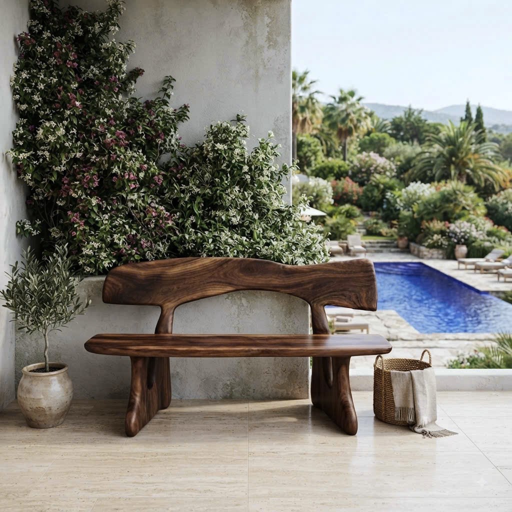Modern Solid Wood Bench Curved Backrest Eco-Friendly Durable Outdoor Furniture Entryway Living Room Entrance Hall