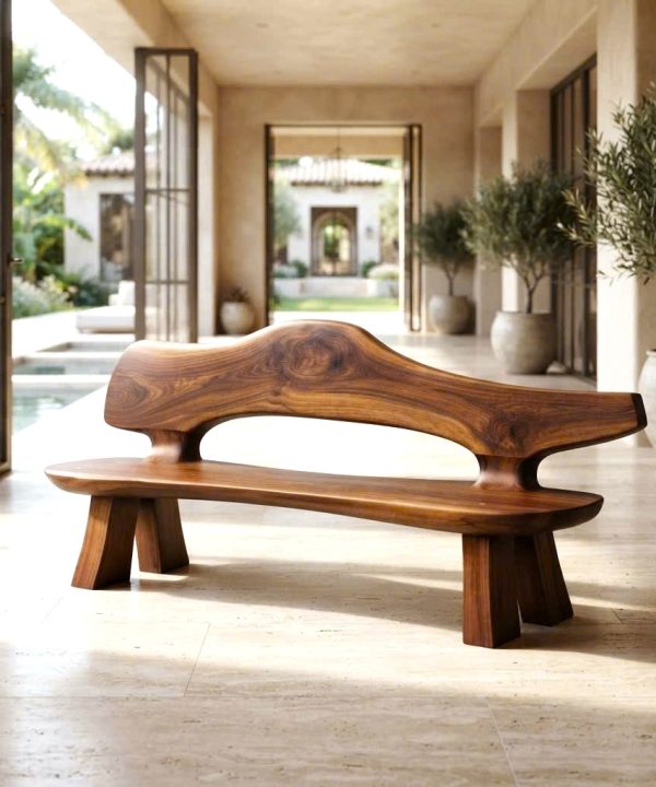 Natural Wood Eco-Friendly Water Resistant Durable Entry Bench Organic Sculptural Design Solid Patio Hallway Bench for Modern