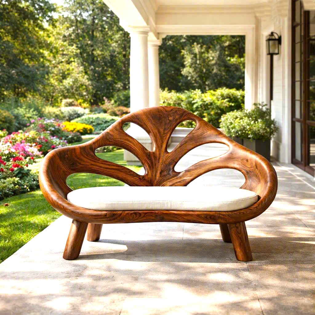 Modern Solid Wood Bench Curved Backrest Eco-Friendly Durable Outdoor Furniture Entryway Living Room Entrance Hall - Image 4