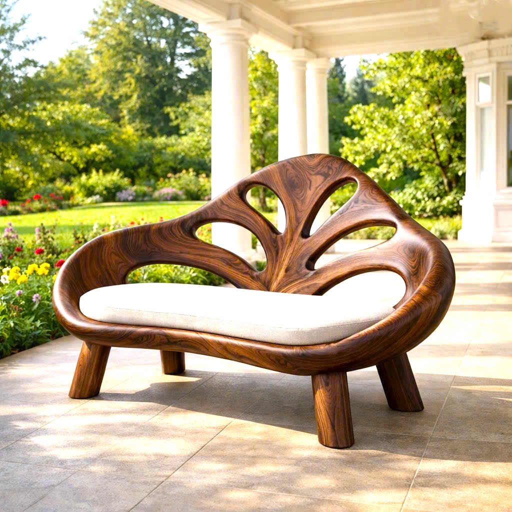Modern Solid Wood Bench Curved Backrest Eco-Friendly Durable Outdoor Furniture Entryway Living Room Entrance Hall