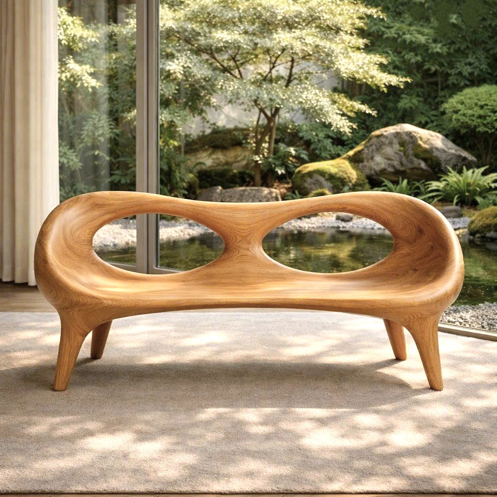 Modern Solid Wood Bench Curved Backrest Eco-Friendly Durable Outdoor Furniture Entryway Living Room Entrance Hall - Image 2