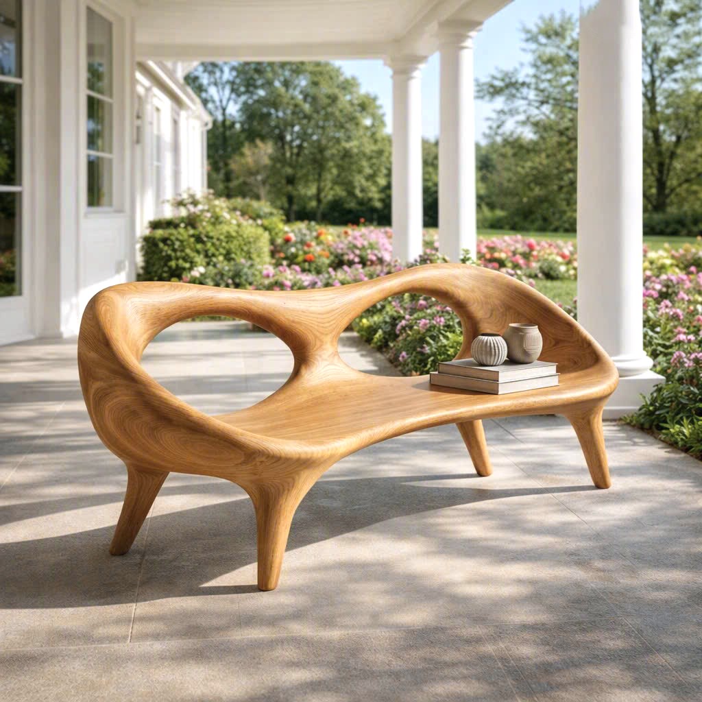 Modern Solid Wood Bench Curved Backrest Eco-Friendly Durable Outdoor Furniture Entryway Living Room Entrance Hall