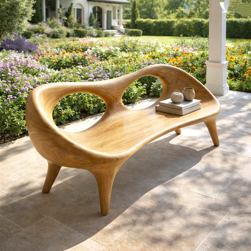 Modern Solid Wood Bench Curved Backrest Eco-Friendly Durable Outdoor Furniture Entryway Living Room Entrance Hall - Image 3