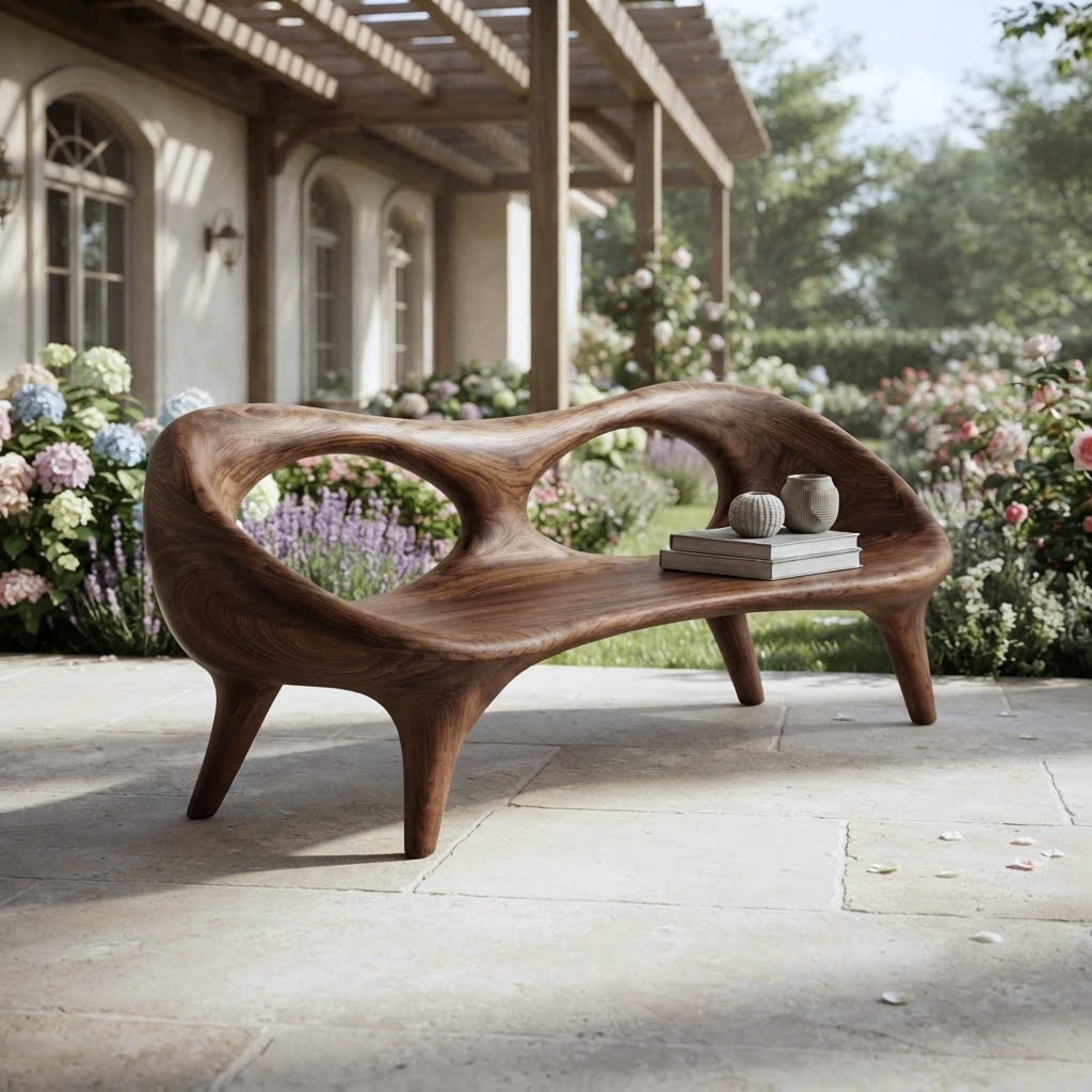 Modern Solid Wood Bench Curved Backrest Eco-Friendly Durable Outdoor Furniture Entryway Living Room Entrance Hall - Image 8